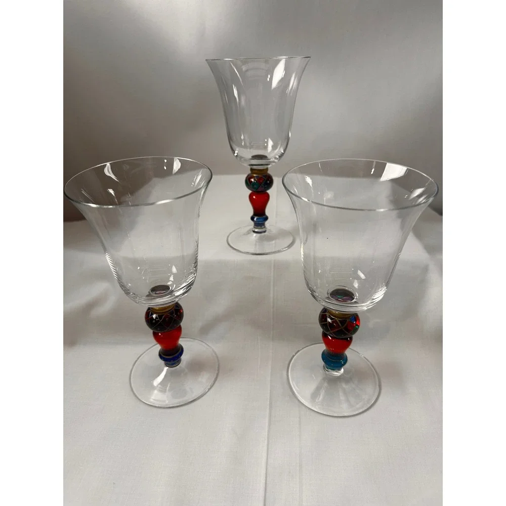 Pier 1 Imports Hand Painted Wine Glasses Set of 3 Harlequin Beaded Stem 7.5 inch